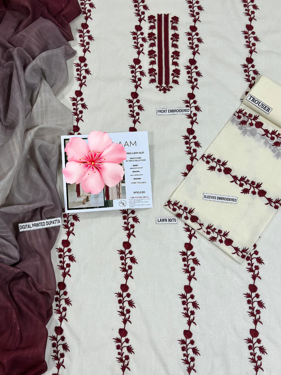 3pc Unstitched Pure Lawn Heavy Embroidered Suit