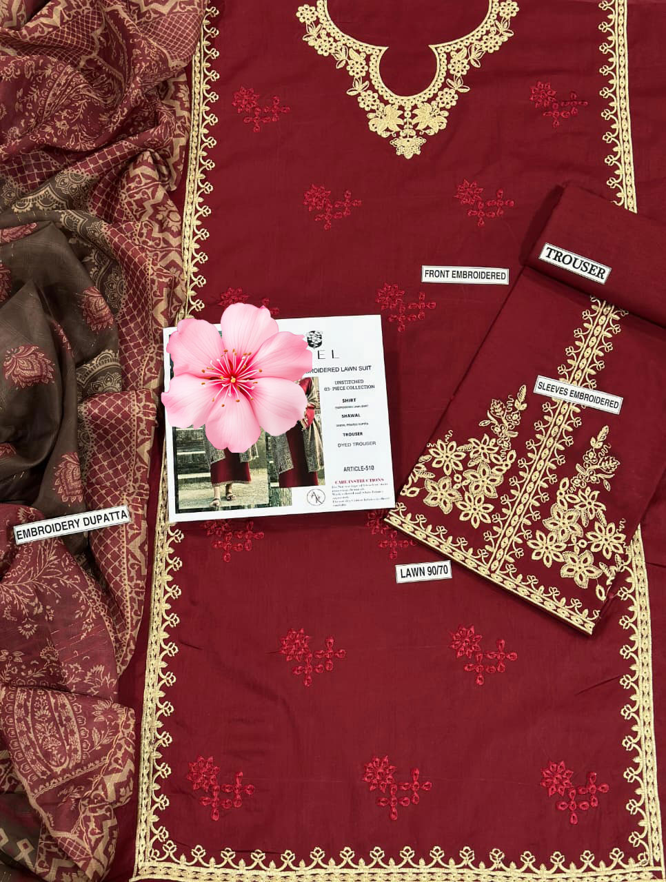 3pc Unstitched Pure Lawn Heavy Embroidered Suit