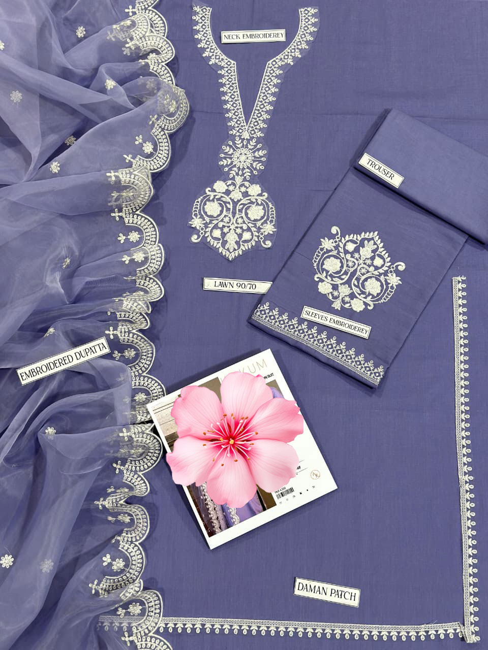 3pc Unstitched Pure Lawn Heavy Embroidered Suit