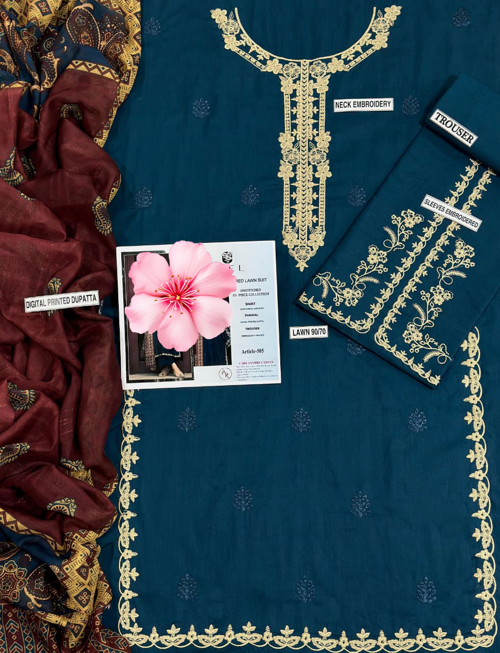 3pc Unstitched Pure Lawn Heavy Embroidered Suit