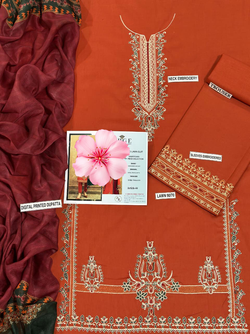 3pc Unstitched Pure Lawn Heavy Embroidered Suit
