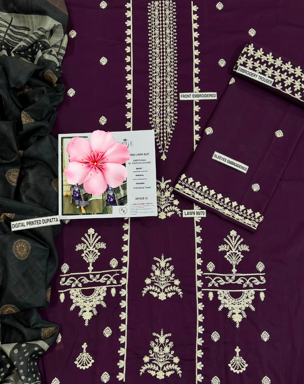 3pc Unstitched Pure Lawn Heavy Embroidered Suit