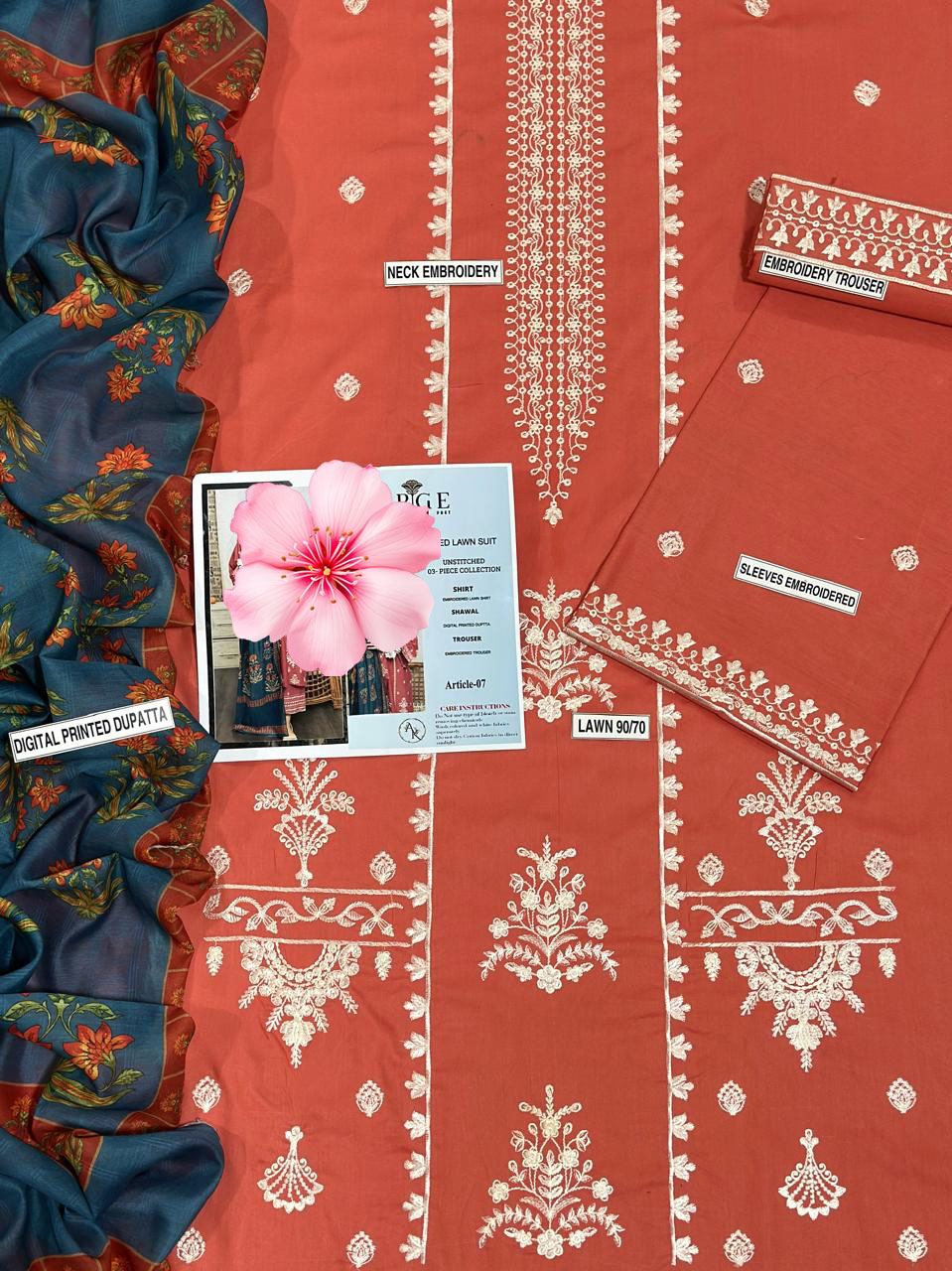 3pc Unstitched Pure Lawn Heavy Embroidered Suit