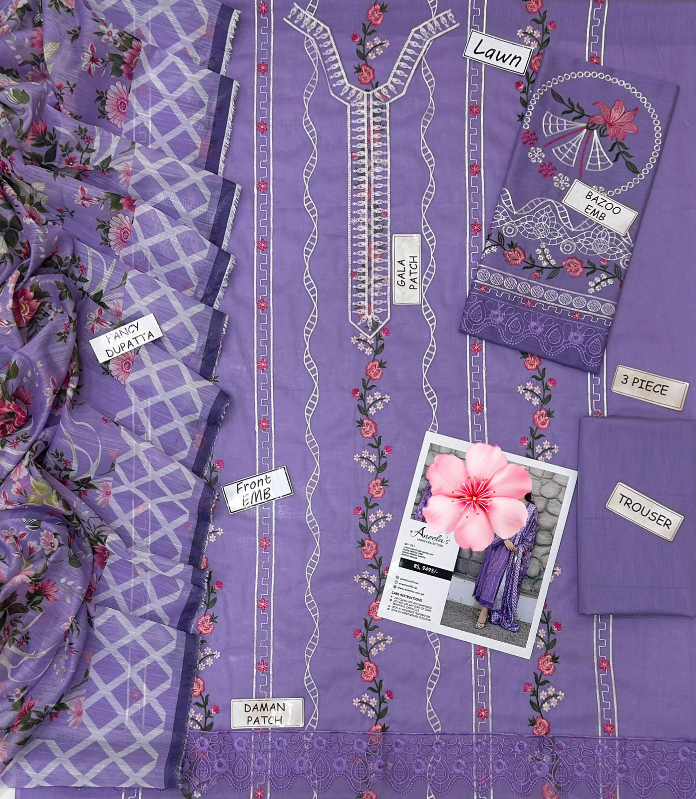3pc Unstitched Pure Lawn Heavy Embroidered Suit