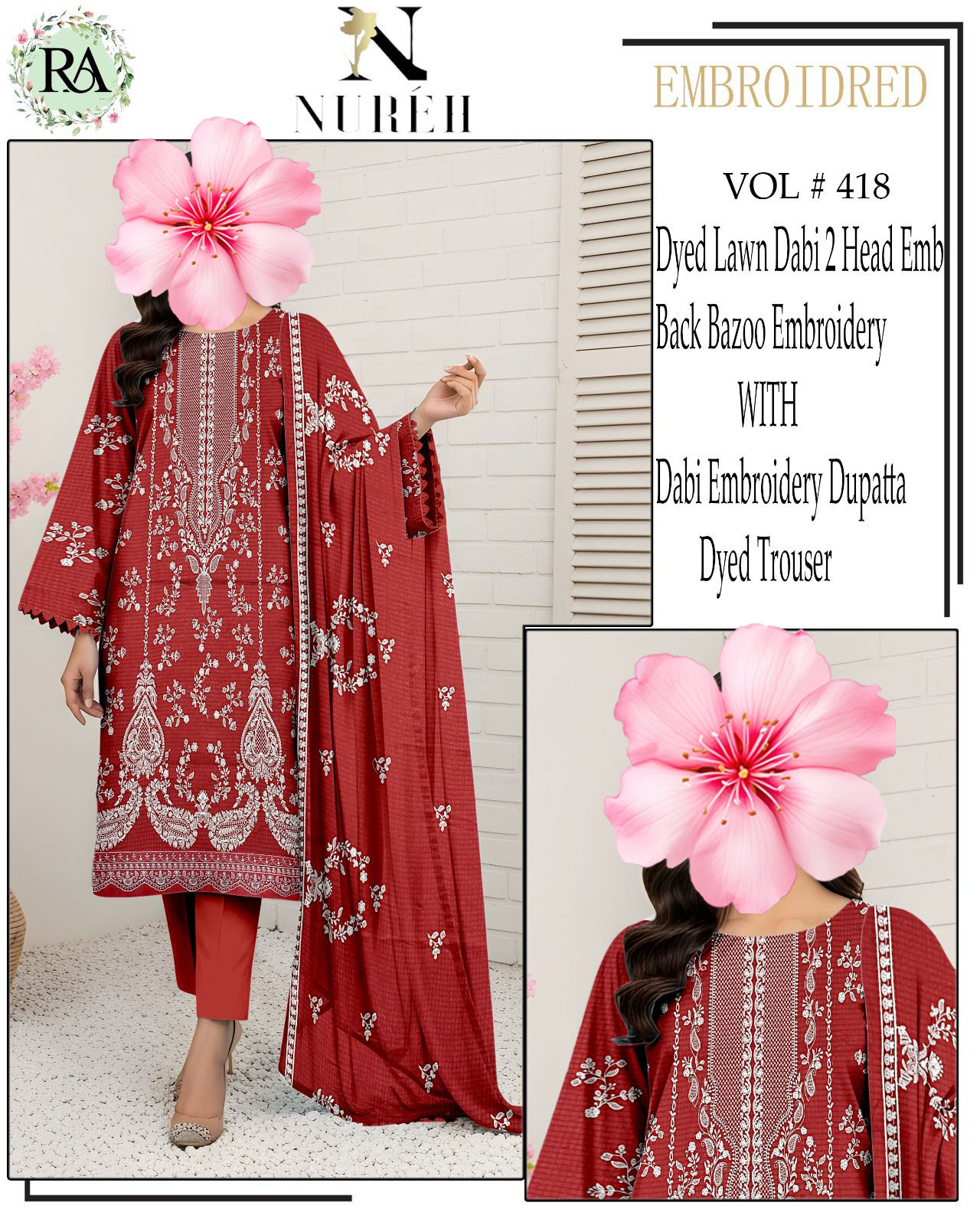3pc Unstitched Pure Lawn Heavy Embroidered Suit