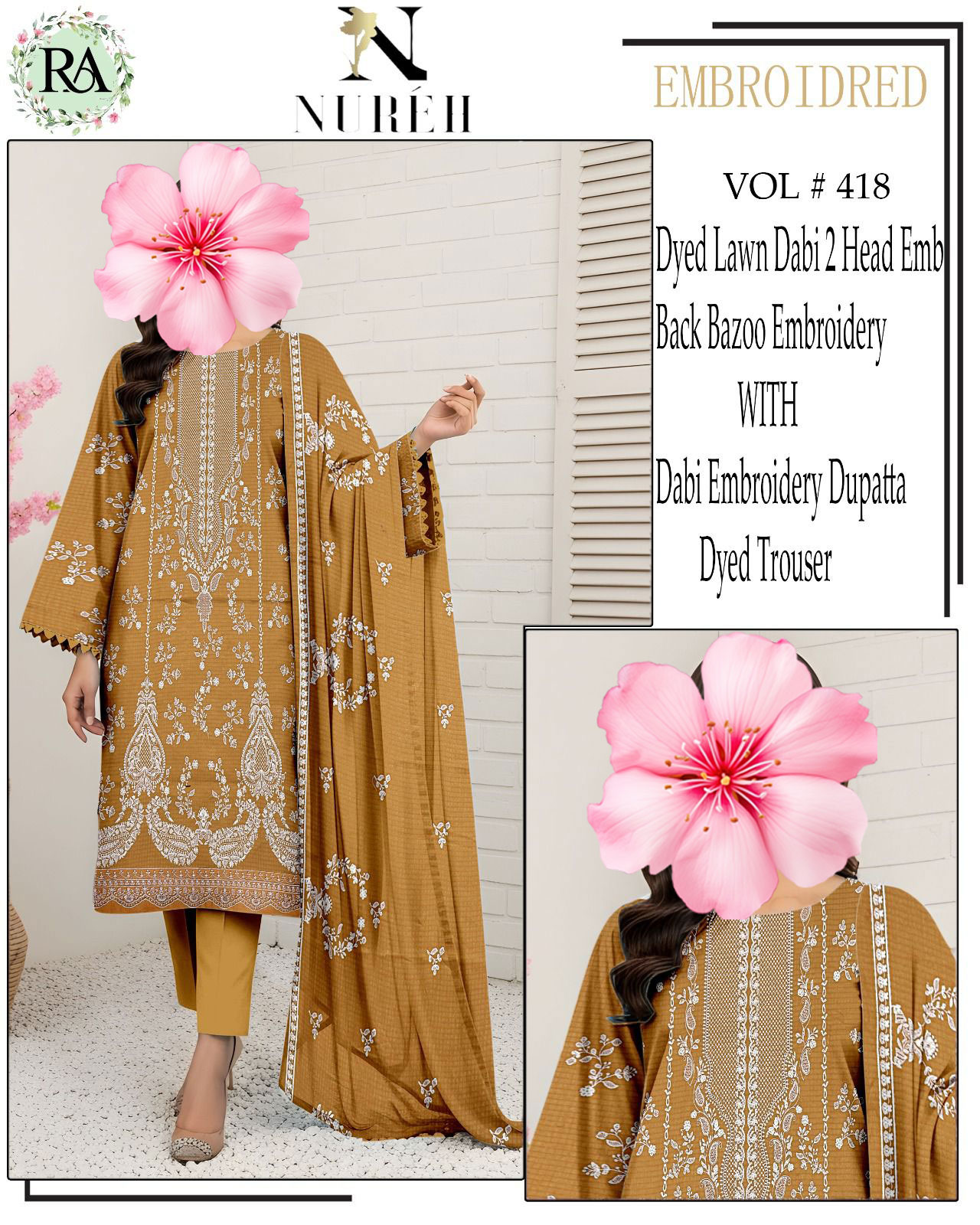3pc Unstitched Pure Lawn Heavy Embroidered Suit
