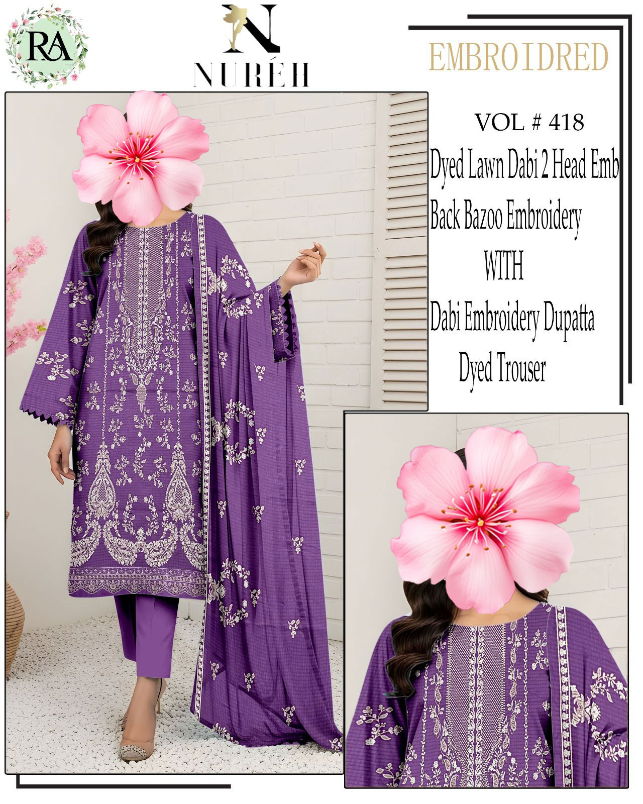 3pc Unstitched Pure Lawn Heavy Embroidered Suit