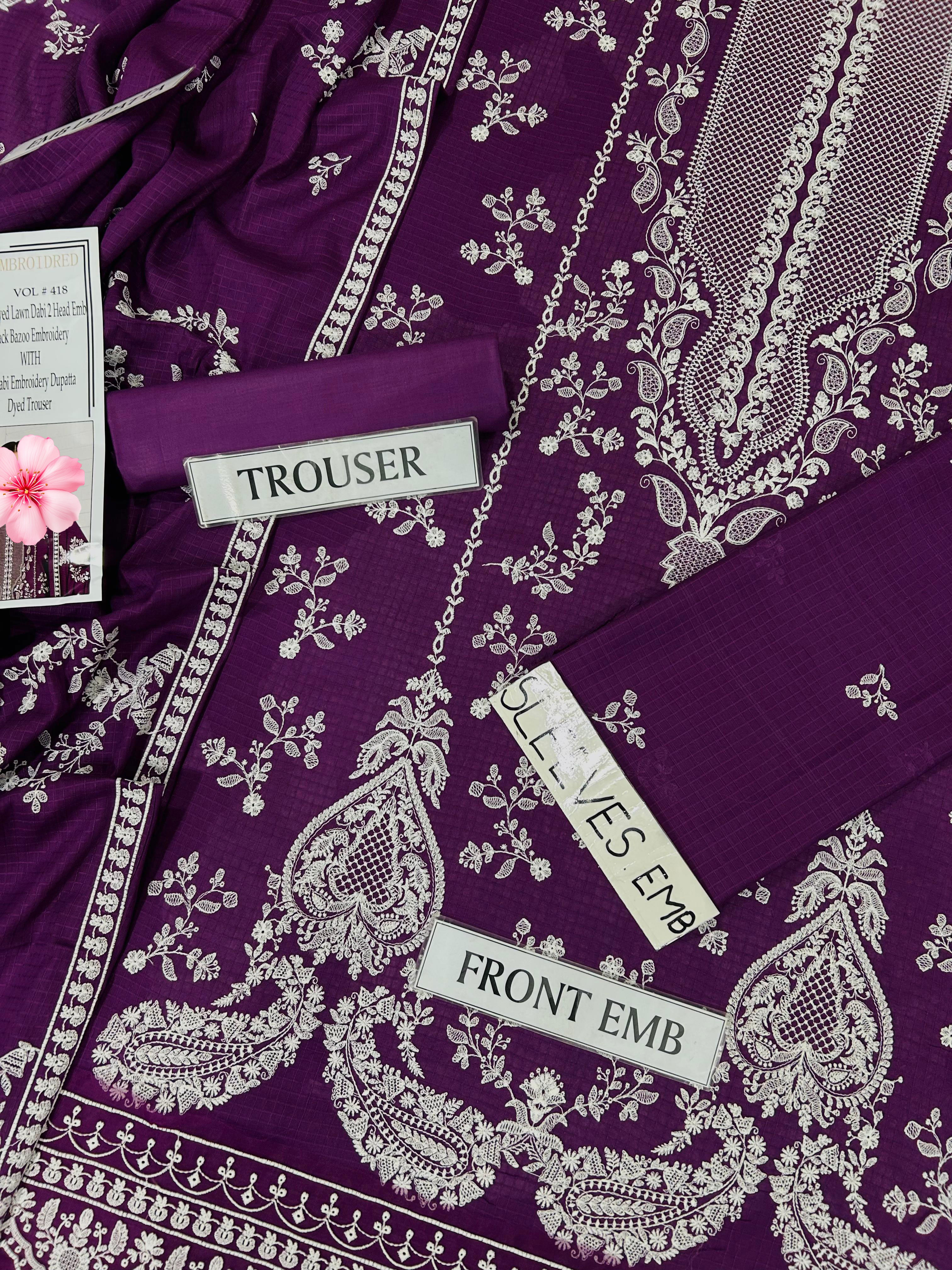 3pc Unstitched Pure Lawn Heavy Embroidered Suit