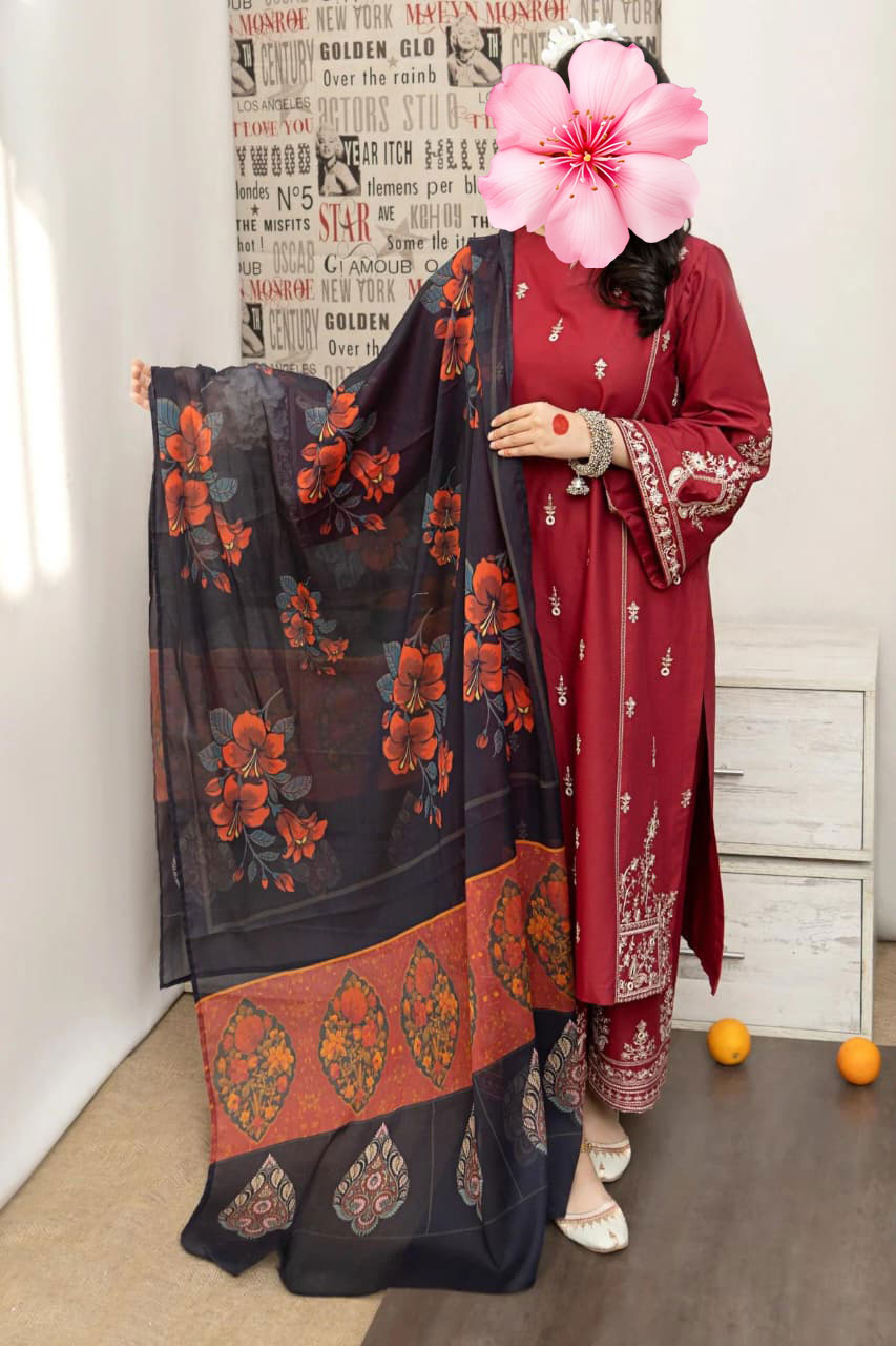 3pc Unstitched Pure Lawn Heavy Embroidered Suit