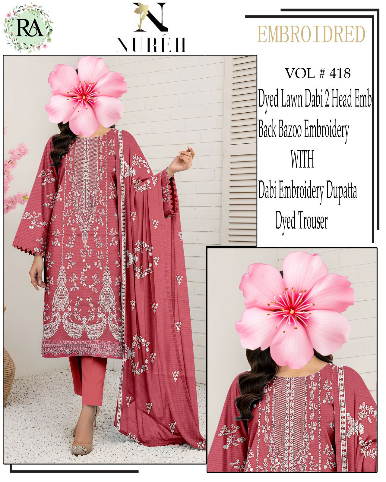 3pc Unstitched Pure Lawn Heavy Embroidered Suit
