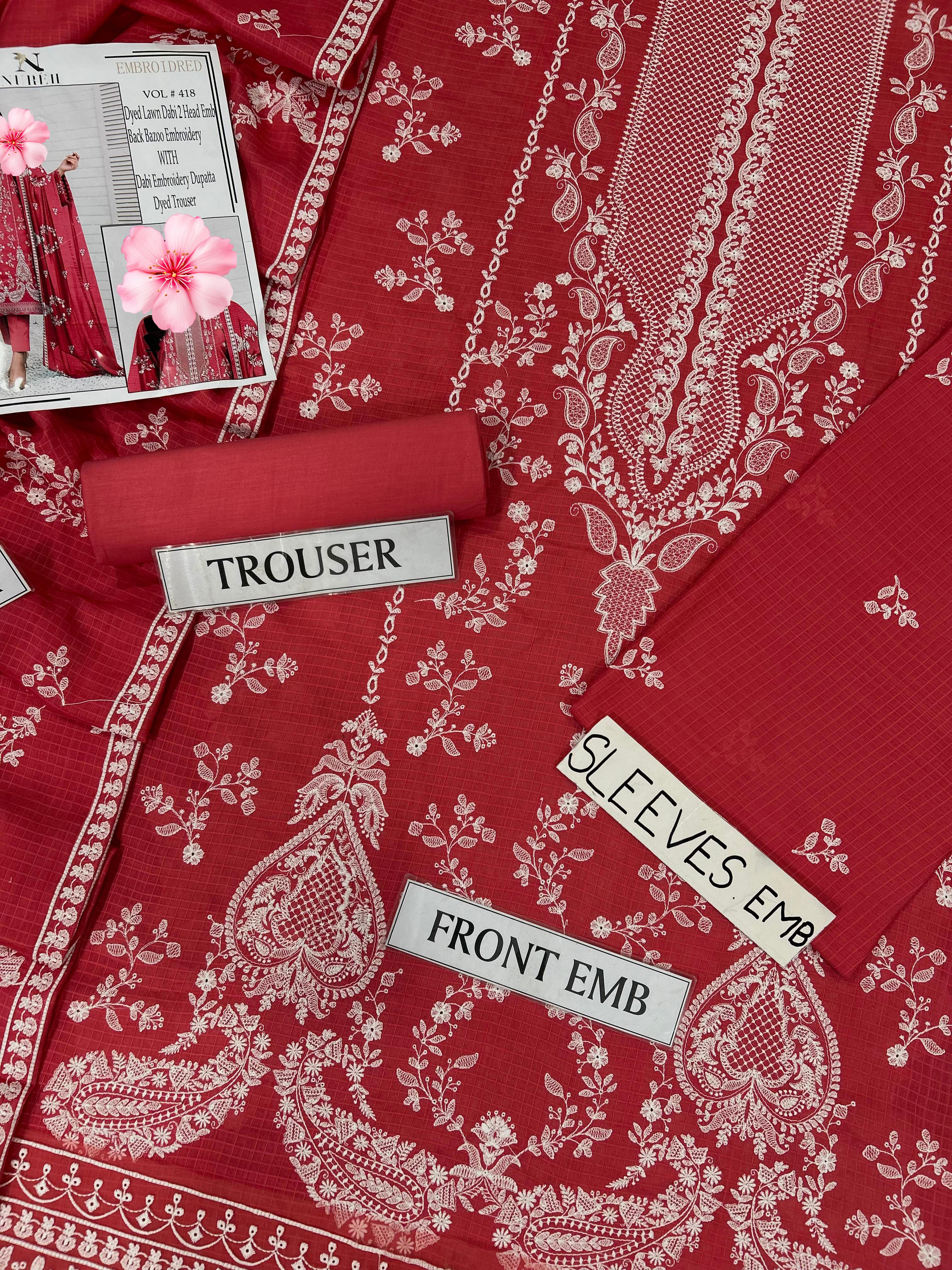 3pc Unstitched Pure Lawn Heavy Embroidered Suit
