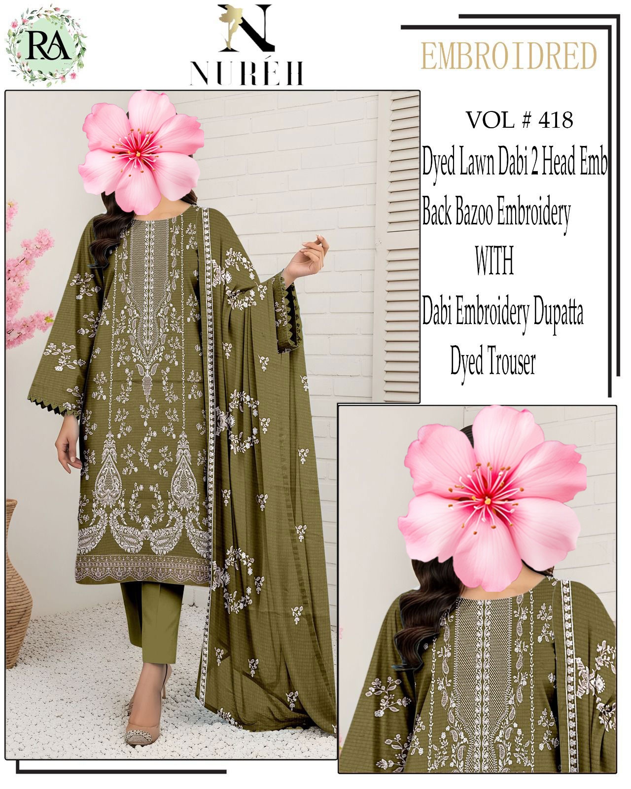 3pc Unstitched Pure Lawn Heavy Embroidered Suit