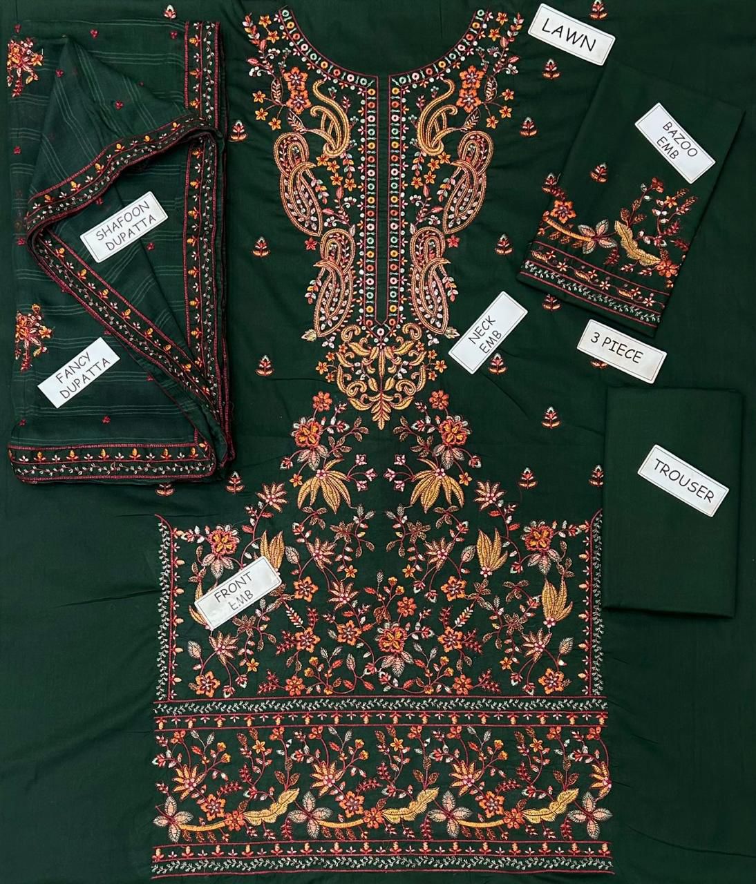3pc Unstitched Pure Lawn Heavy Embroidered Suit
