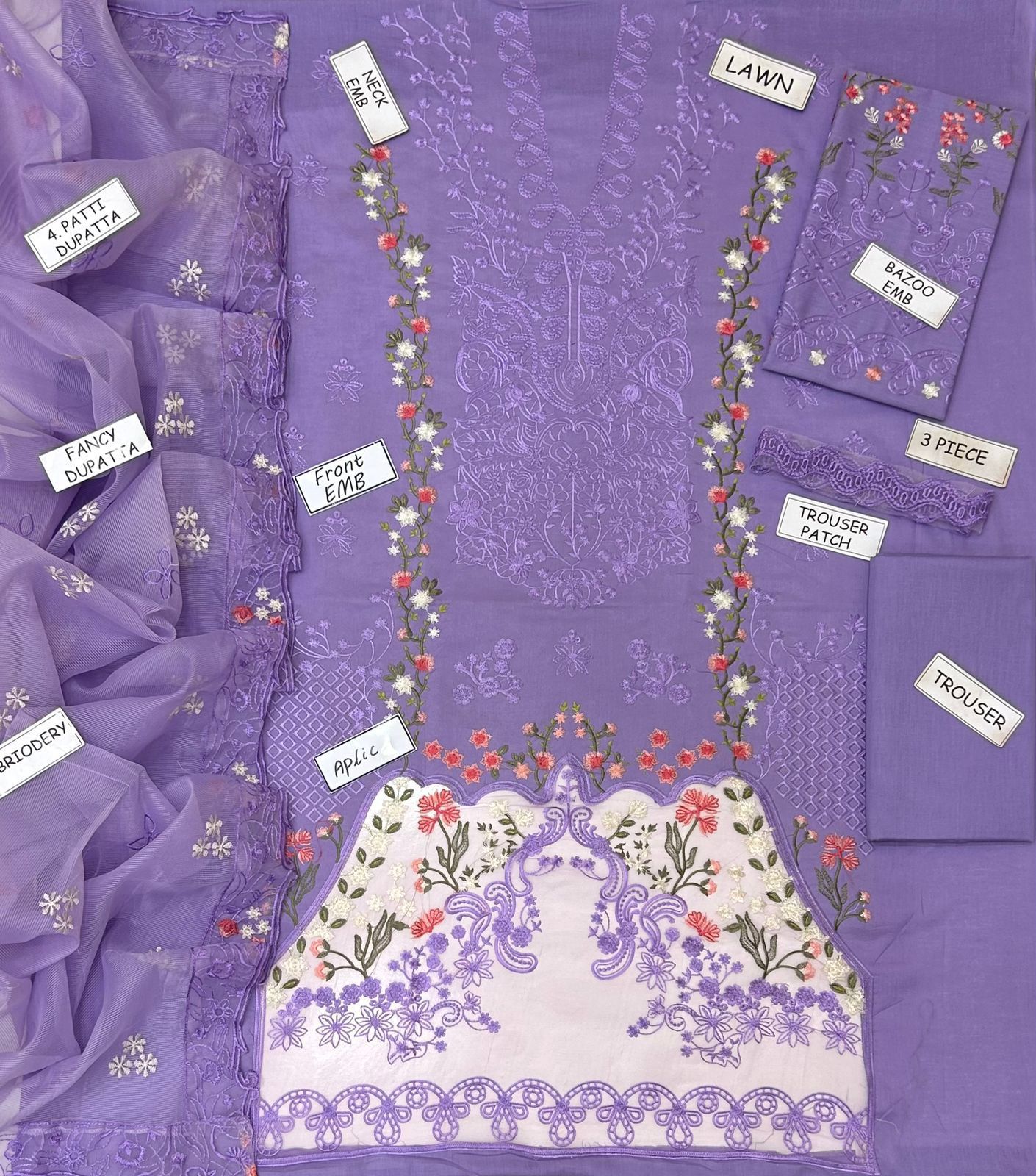 3pc Unstitched Pure Lawn Heavy Embroidered Suit