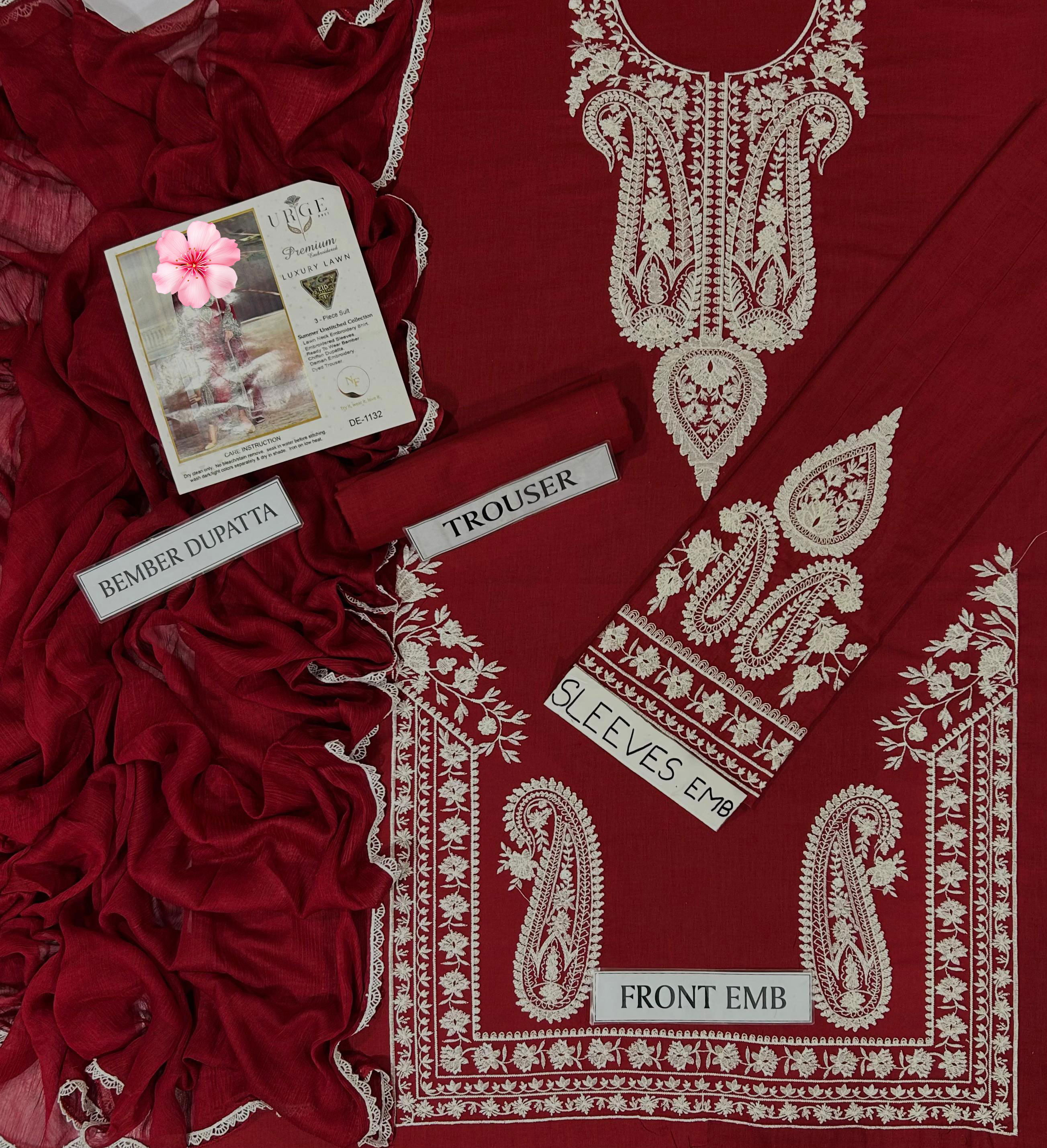 3pc Unstitched Pure Lawn Heavy Thread Embroidered Suit