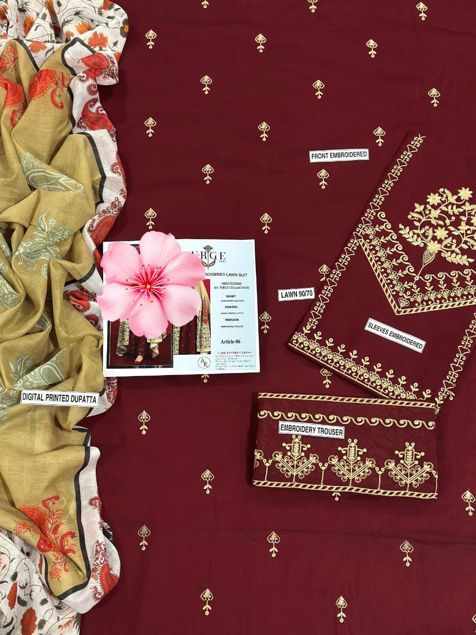 3pc Unstitched Pure Lawn Heavy Embroidered Suit