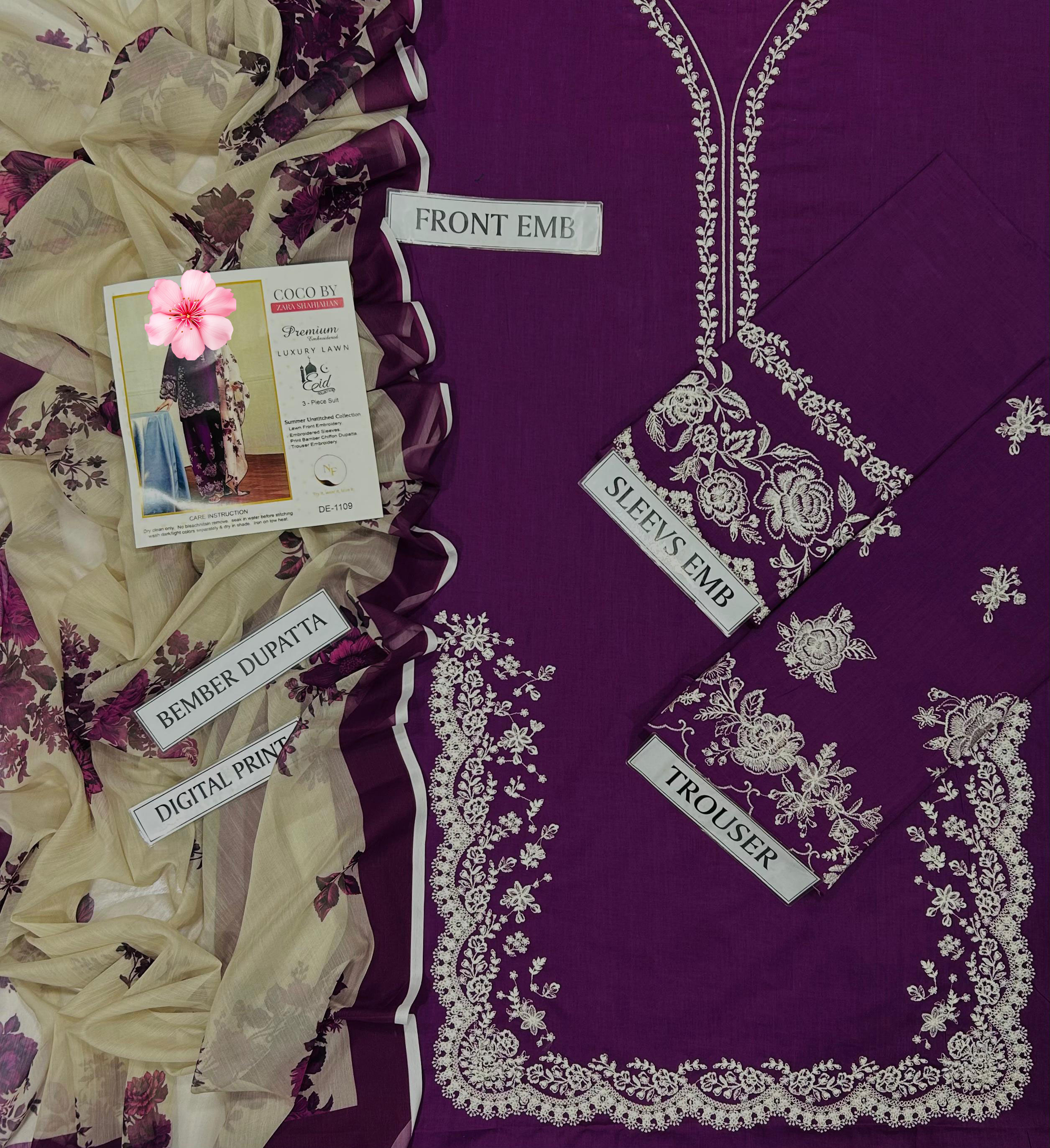 3pc Unstitched Pure Lawn Heavy Thread Embroidered Suit