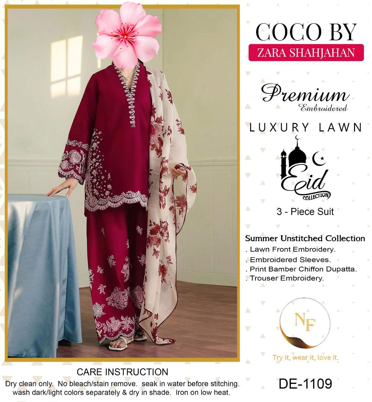3pc Unstitched Pure Lawn Heavy Thread Embroidered Suit