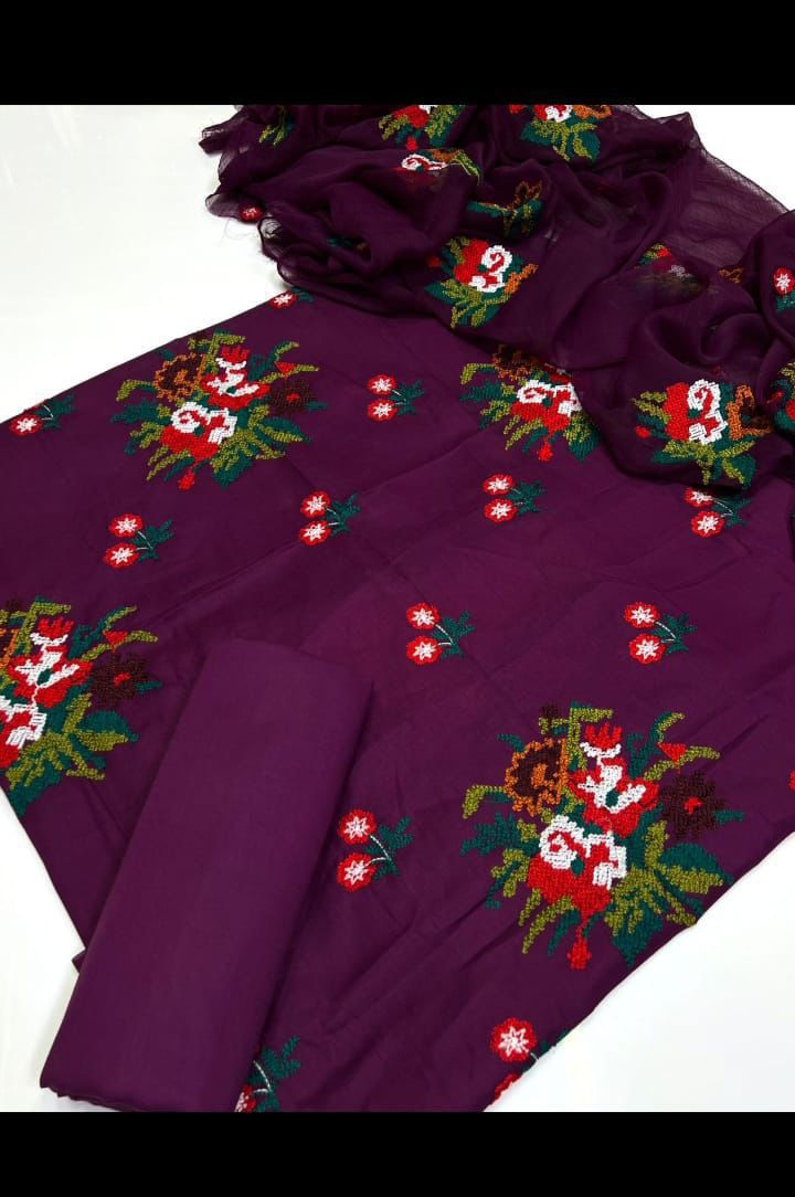 3pc Unsticth Embroidered Cotton Suit