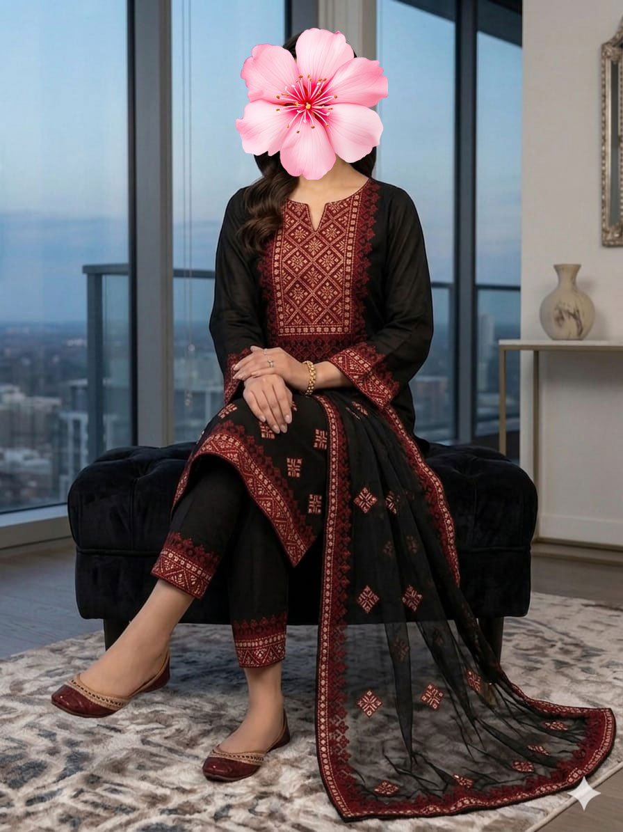 3pc Unstitch Embroidered Cotton Suit