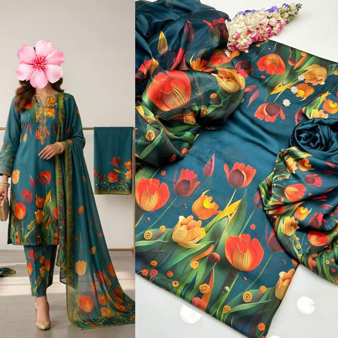 3pc Unstitched Shamooz Silk Printed Suit