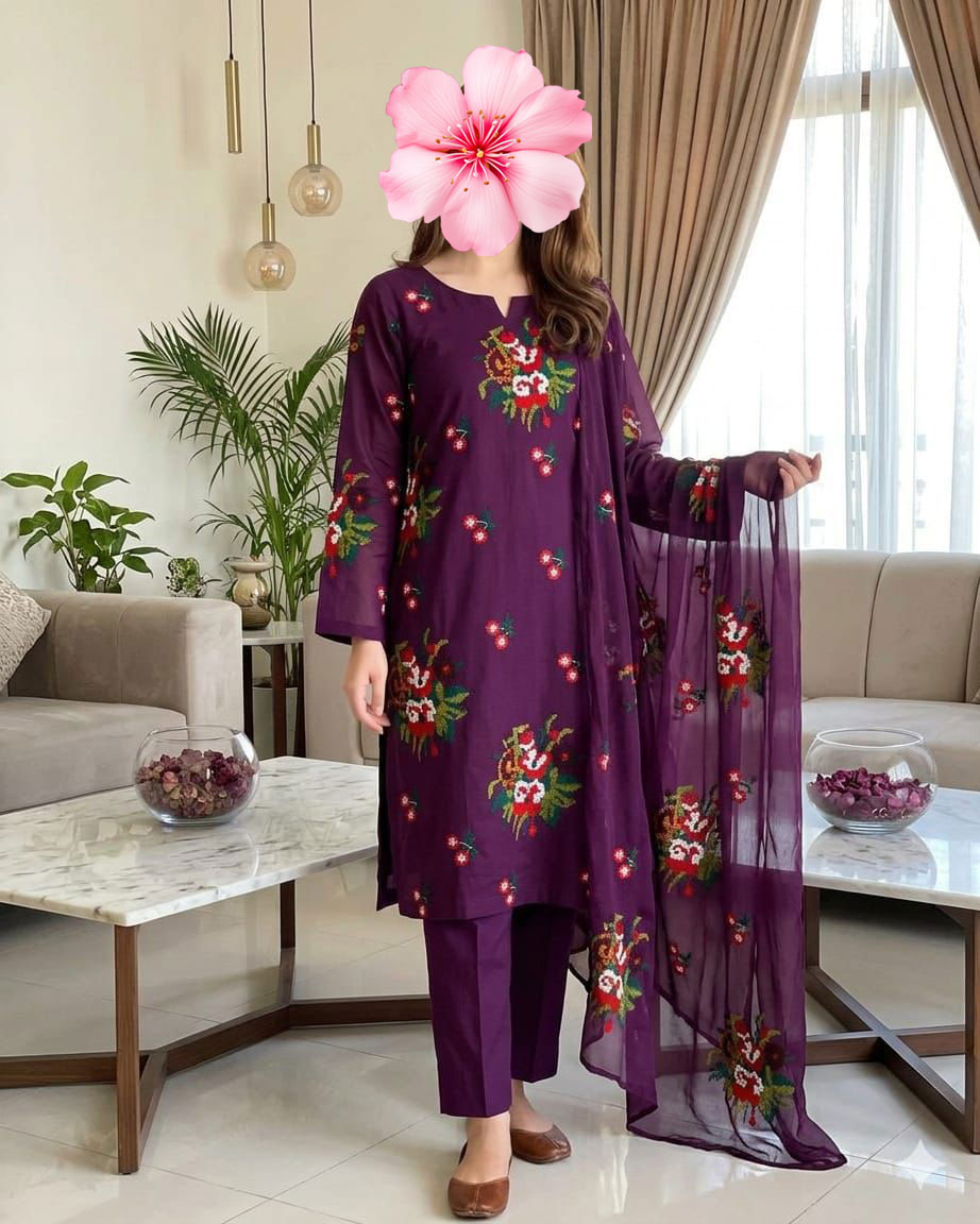 3pc Unsticth Embroidered Cotton Suit