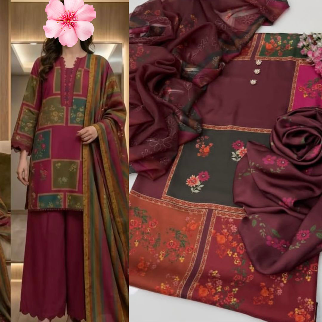 3pc Unstitched Shamooz Silk Printed Suit