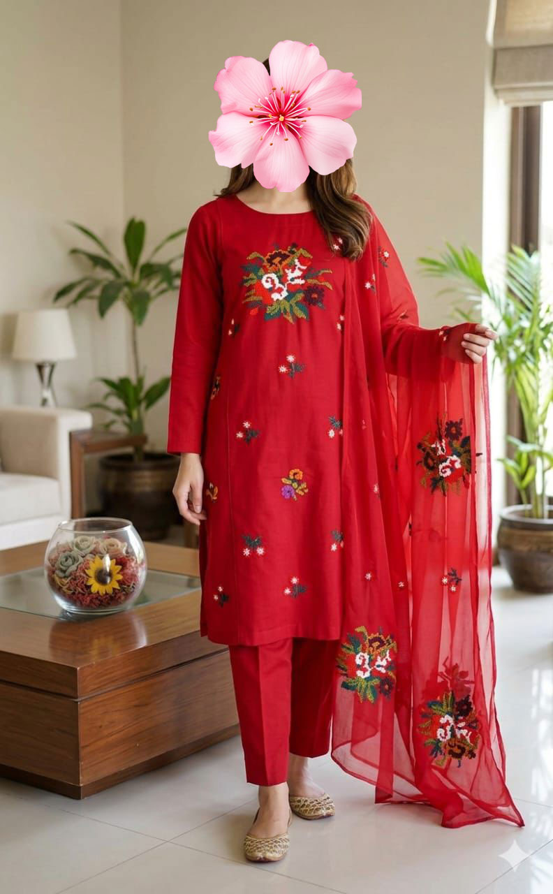 3pc Unsticth Embroidered Cotton Suit