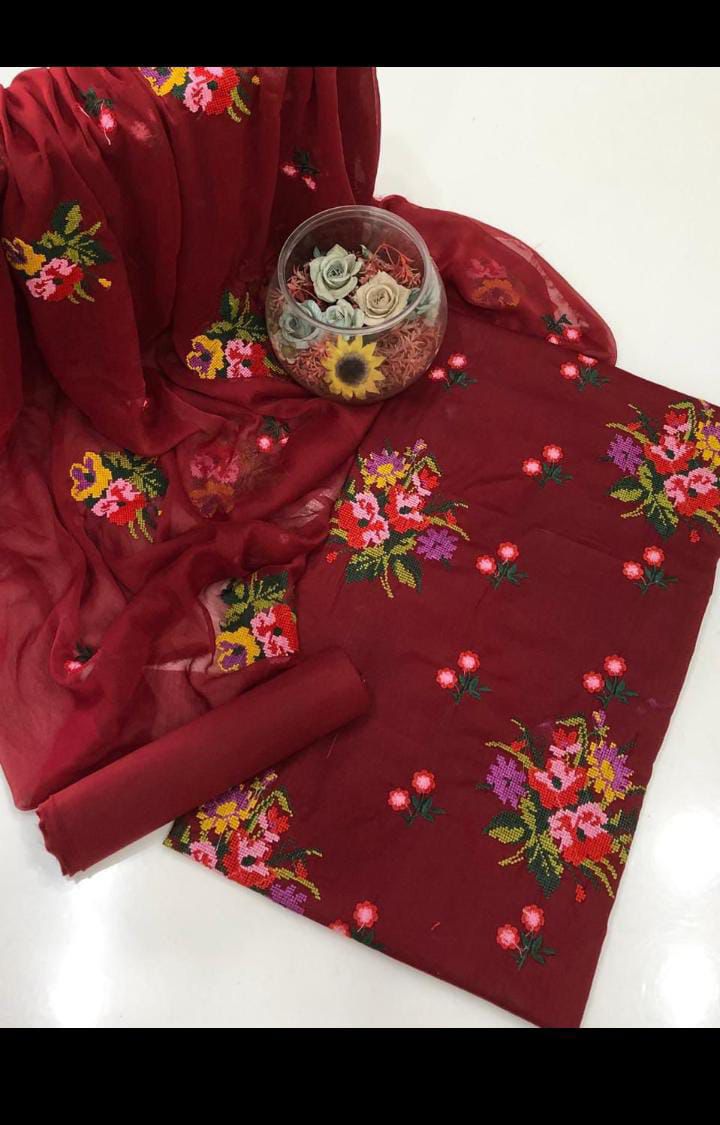 3pc Unsticth Embroidered Cotton Suit