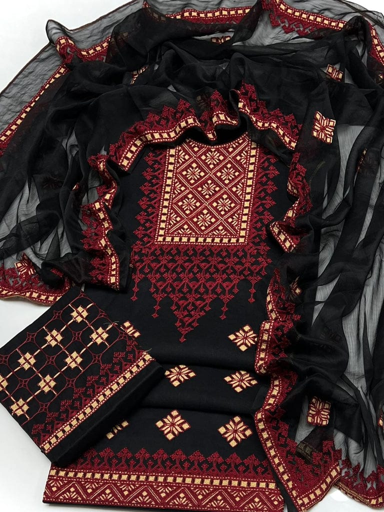 3pc Unstitch Embroidered Cotton Suit