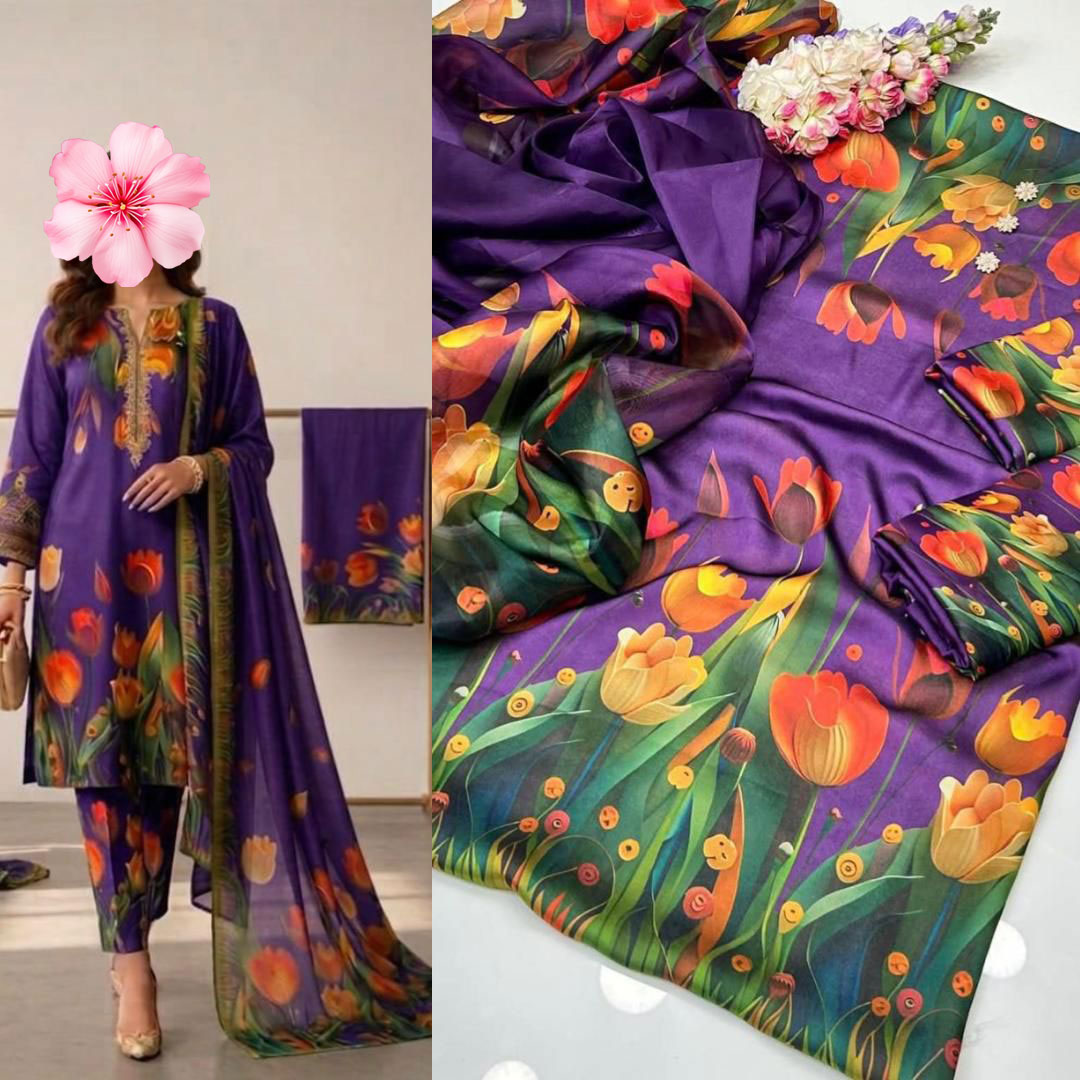 3pc Unstitched Shamooz Silk Printed Suit