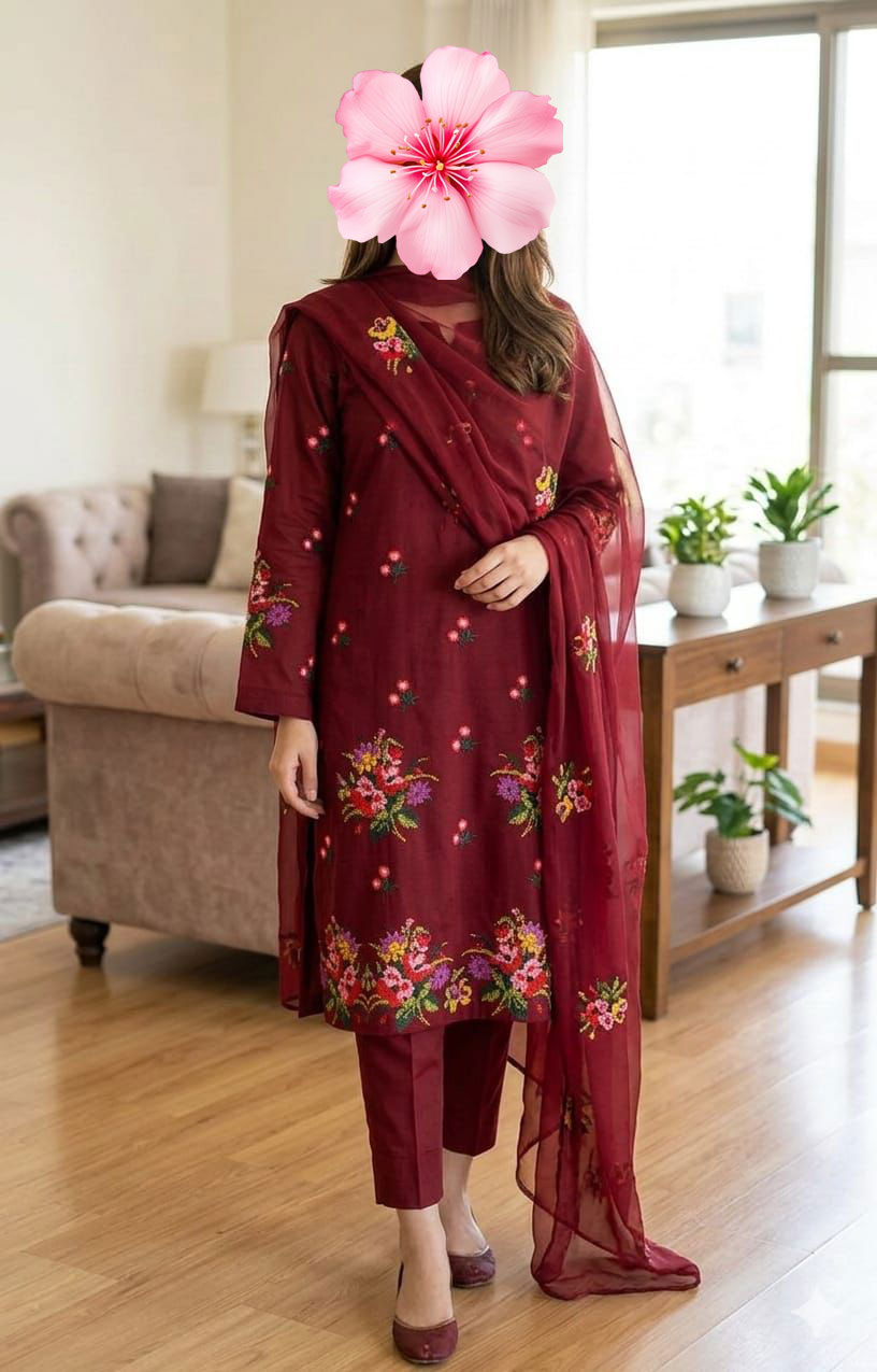 3pc Unsticth Embroidered Cotton Suit