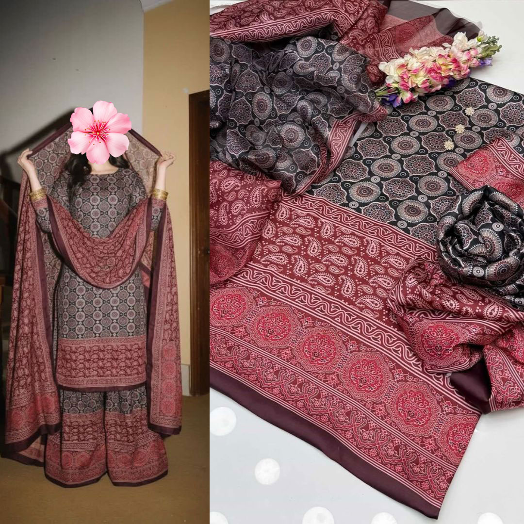 3pc Unstitched Shamooz Silk Printed Suit