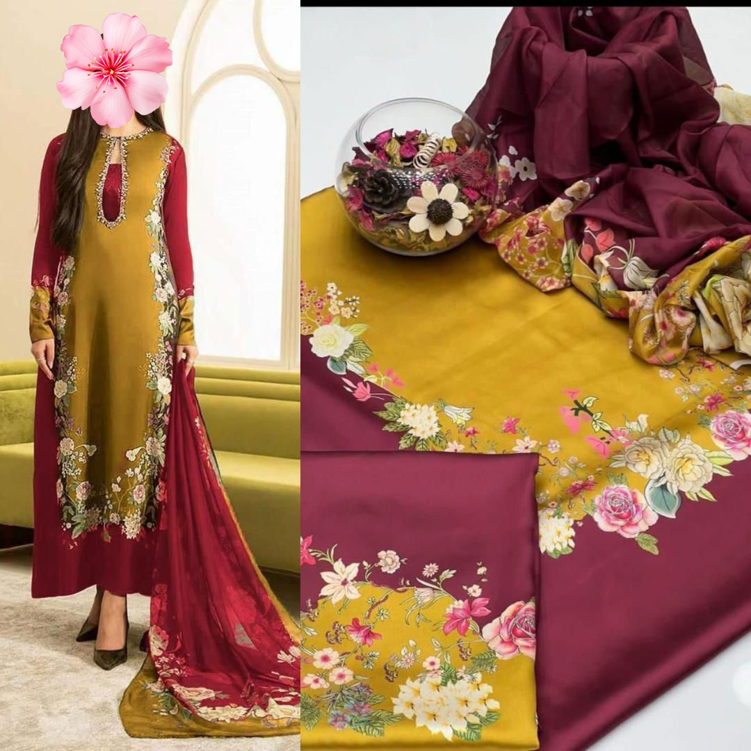 3pc Unstitched Shamooz Silk Printed Suit