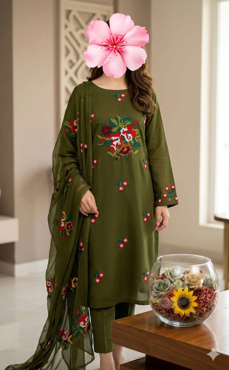 3pc Unsticth Embroidered Cotton Suit