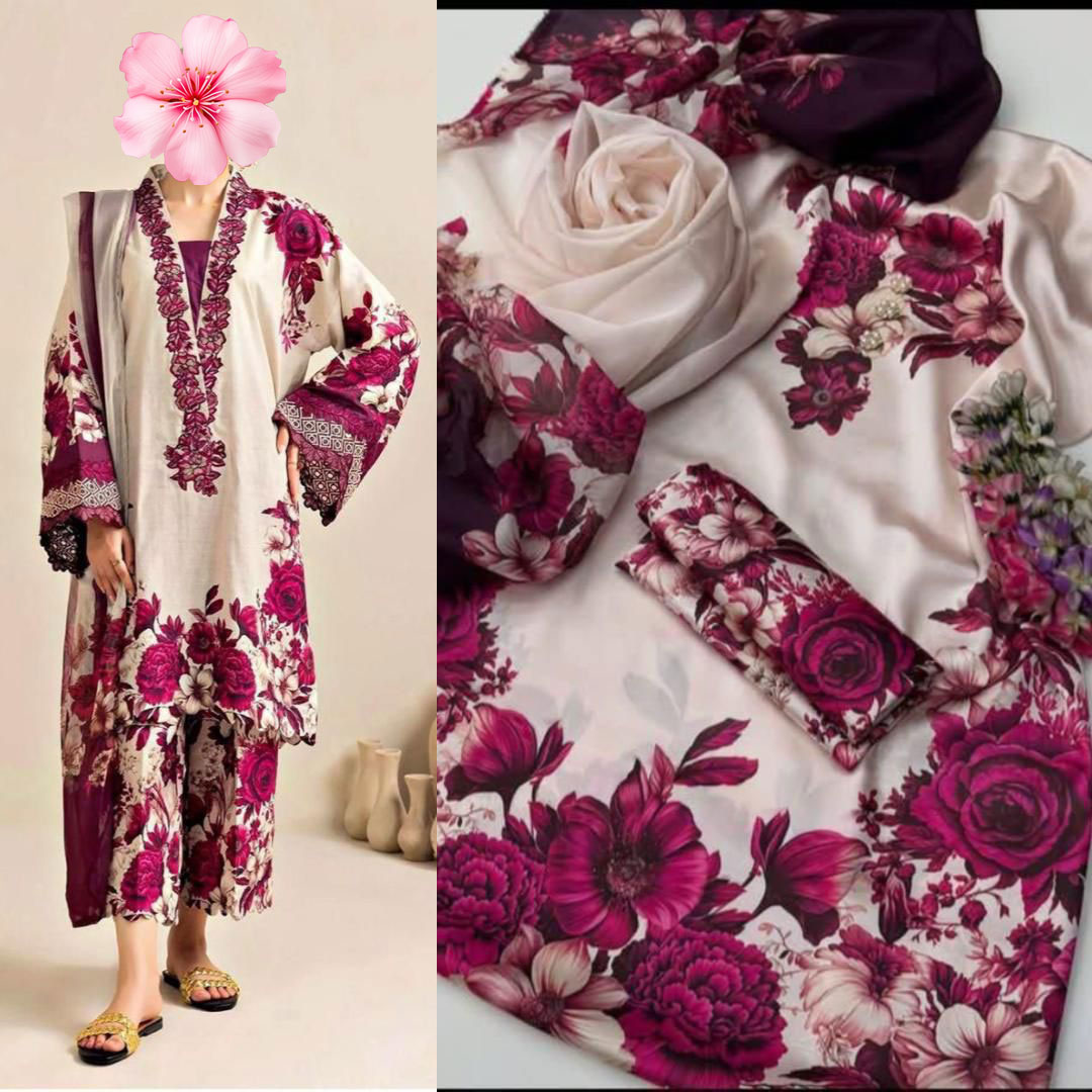 3pc Unstitched Shamooz Silk Printed Suit