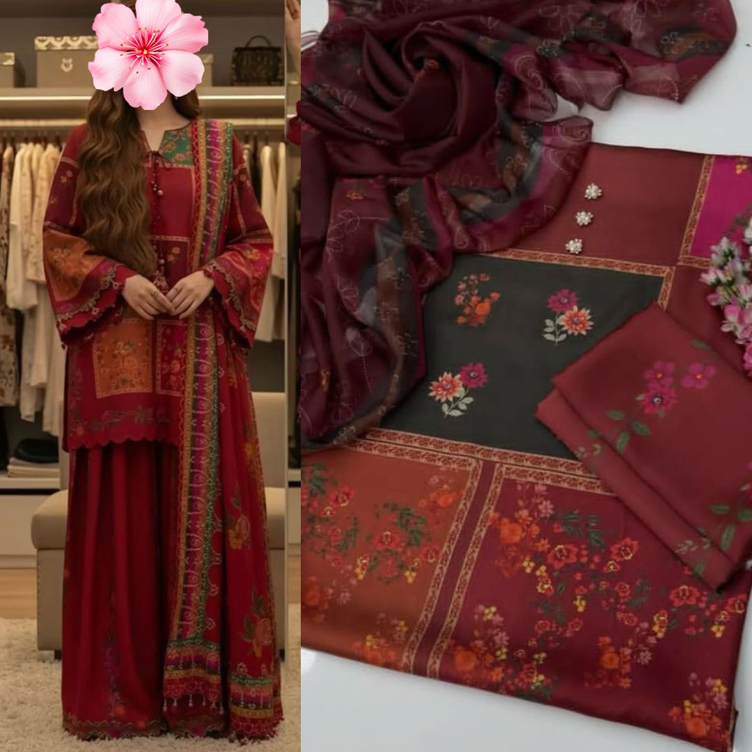 3pc Unstitched Shamooz Silk Printed Suit