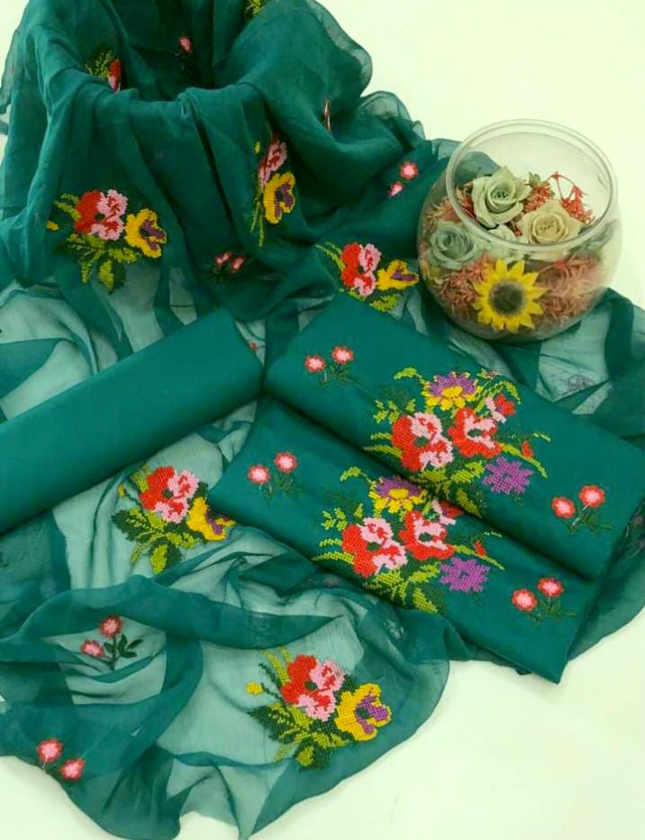 3pc Unsticth Embroidered Cotton Suit