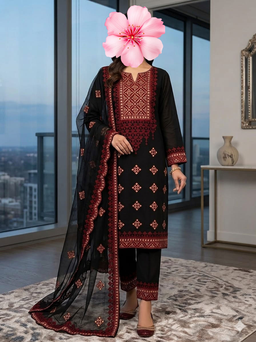 3pc Unstitch Embroidered Cotton Suit